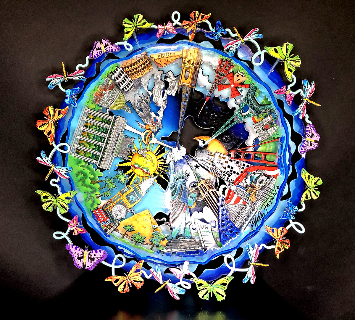 Charles Fazzino Butterflies Around the World (Hand-Painted Kinetic Metal Sculpture)